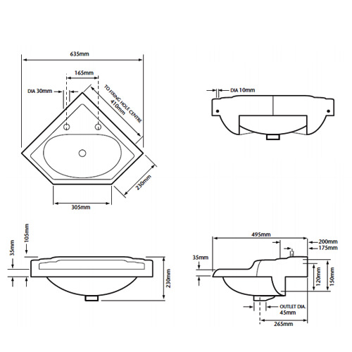 Heritage Dorchester 2 Tap Hole Corner Basin PDW11