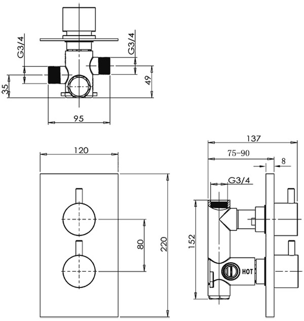 Pura Ivo Single Outlet Concealed Thermostatic Shower Valve